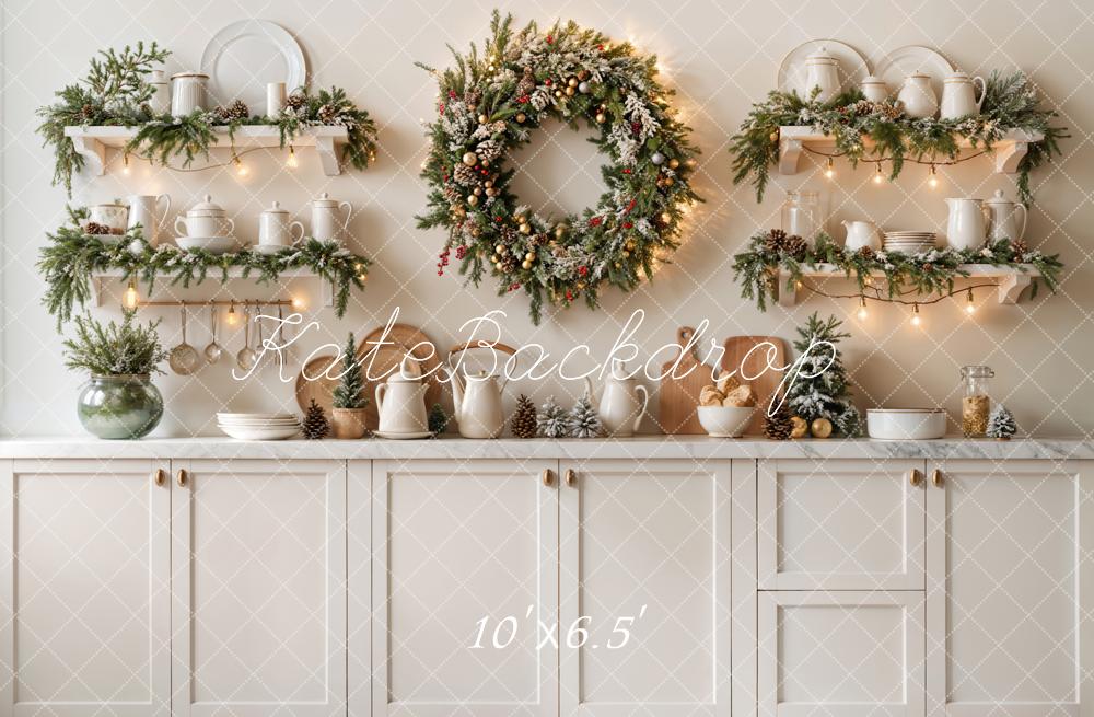 Kate Christmas Kitchen White Cabinets with Led Light Strip Backdrop Designed by Emetselch