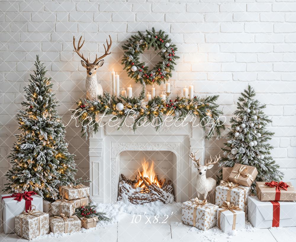 Kate Christmas White Fireplace Gift Tree Backdrop Designed by Emetselch