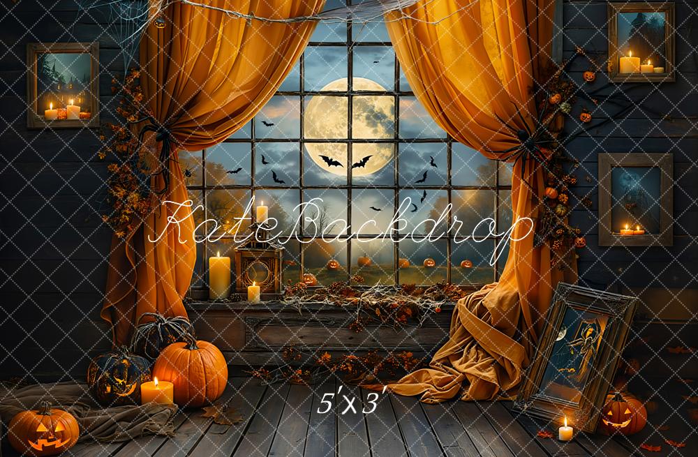 Kate Halloween Night Bat Orange Curtain Black Framed Window Backdrop Designed by Emetselch