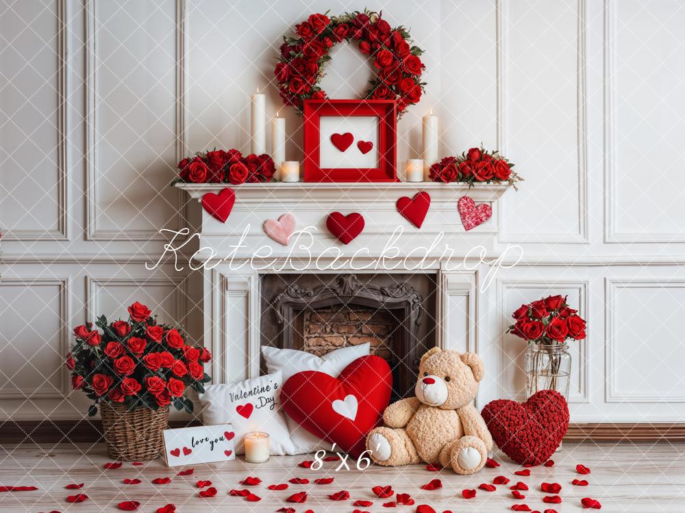 Kate Valentine Fireplace Teddy Bear Roses Backdrop Designed by Emetselch