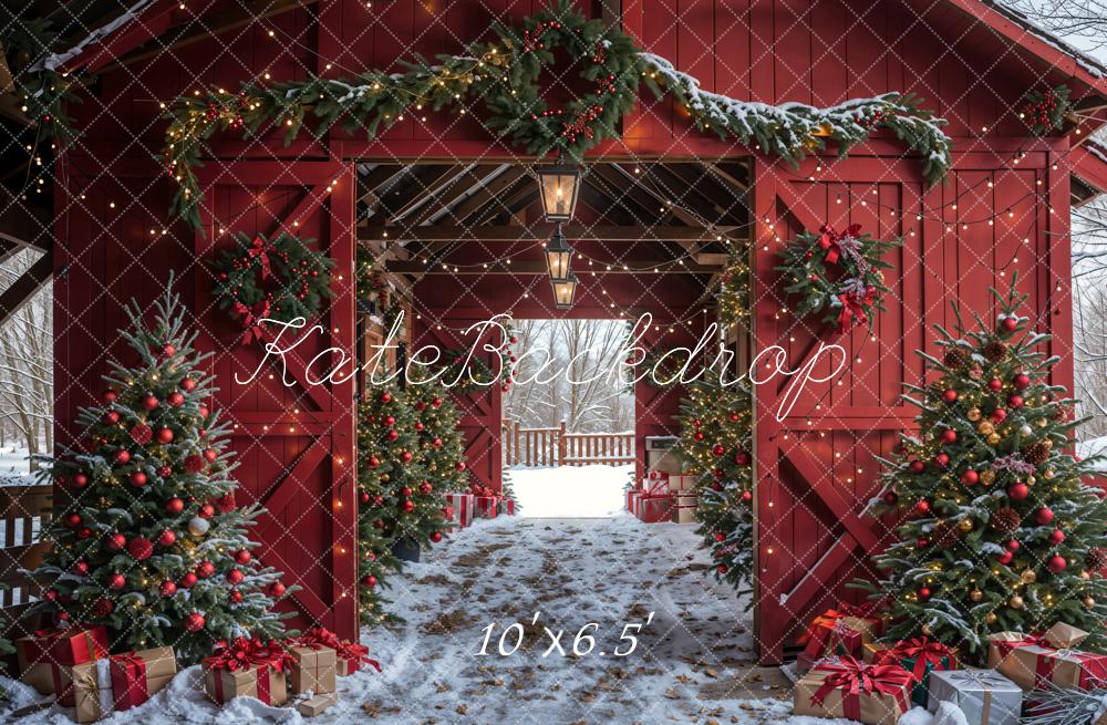 Kate Christmas Red Barn Snow White Backdrop Designed by Emetselch