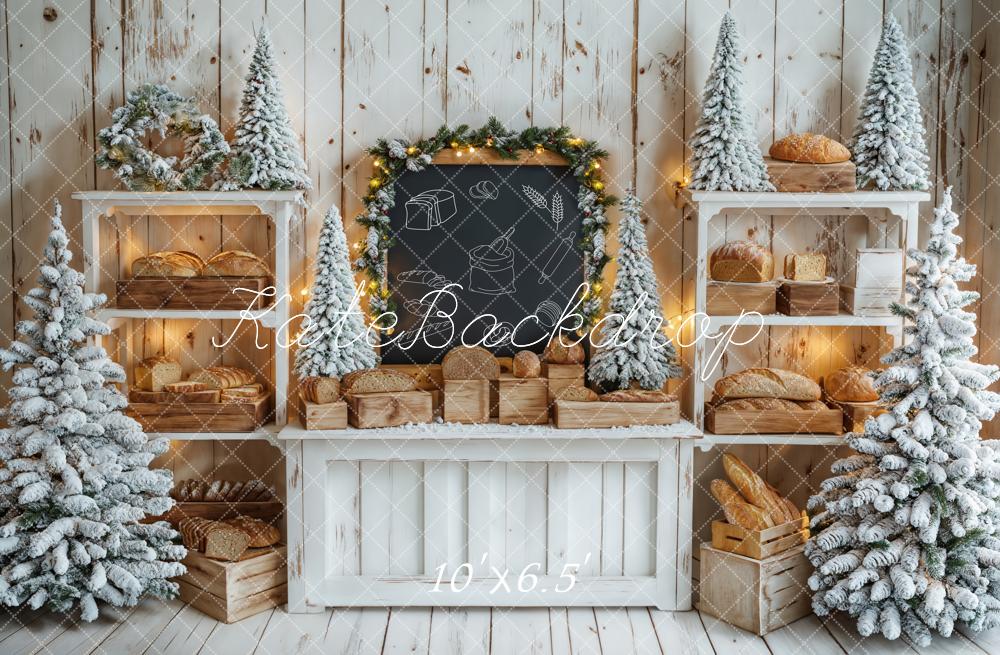 Kate Christmas Tree White Wooden Shelf Bread Chalkboard Backdrop Designed by Emetselch