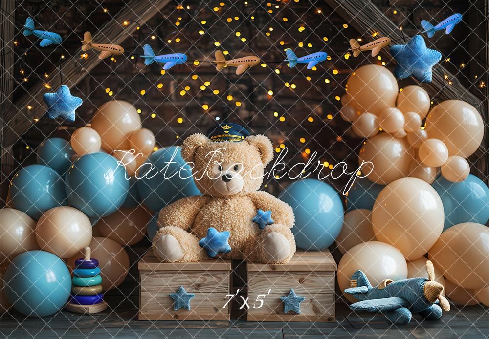 Kate Cake Smash Teddy Bear Airplane Pilot Balloon Backdrop Designed by Laura Bybee