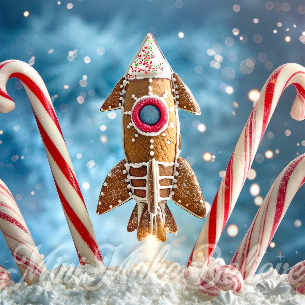 Kate Christmas Red Candy Brown Gingerbread Rocket Backdrop Designed by Mini MakeBelieve