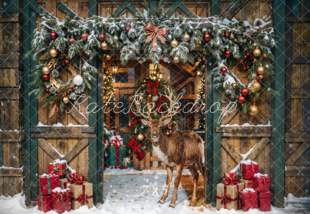 Cervo di Natale Elk Marrone su Sfondo di Fattoria in Legno, Progettato da Chain Photography