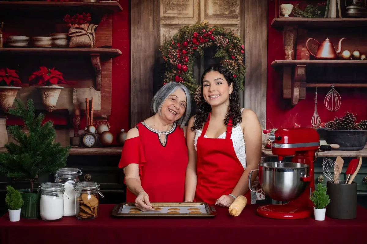 Kate Red and Green Christmas Kitchen Fleece Backdrop Designed by Mandy Ringe Photography