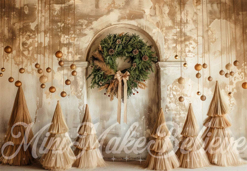 Kate Christmas Wreath Boho Vintage Beige Arched Wall Backdrop Designed by Mini MakeBelieve