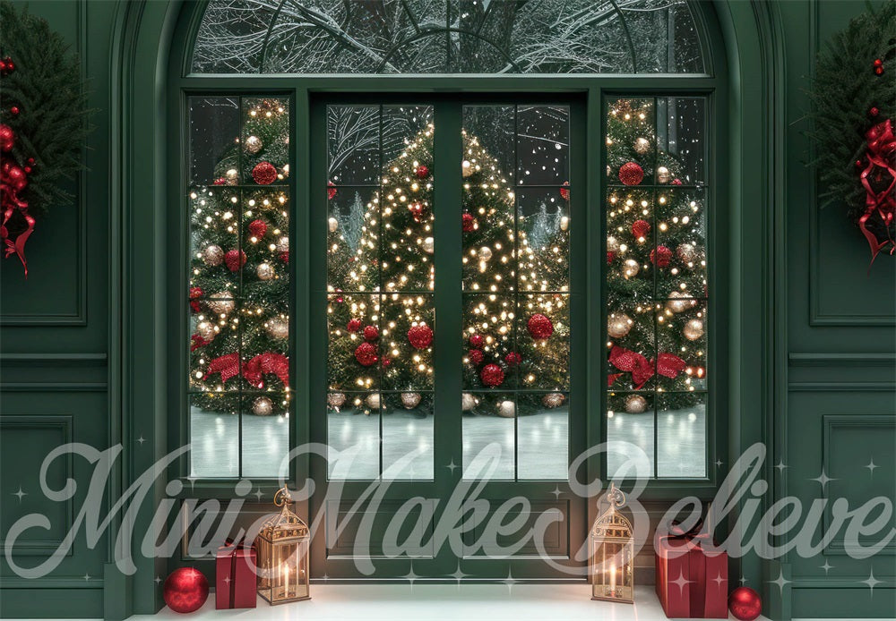 Natale Vintage Sfondo Finestra Ad Arco Verde Scuro Disegnato da Mini MakeBelieve