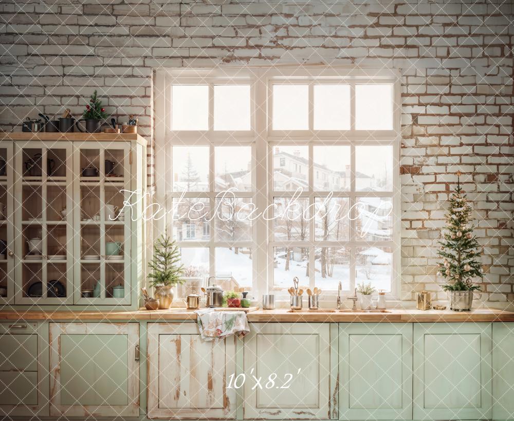 Kate Christmas Kitchen Light Blue Cabinet Window Backdrop Designed by Emetselch