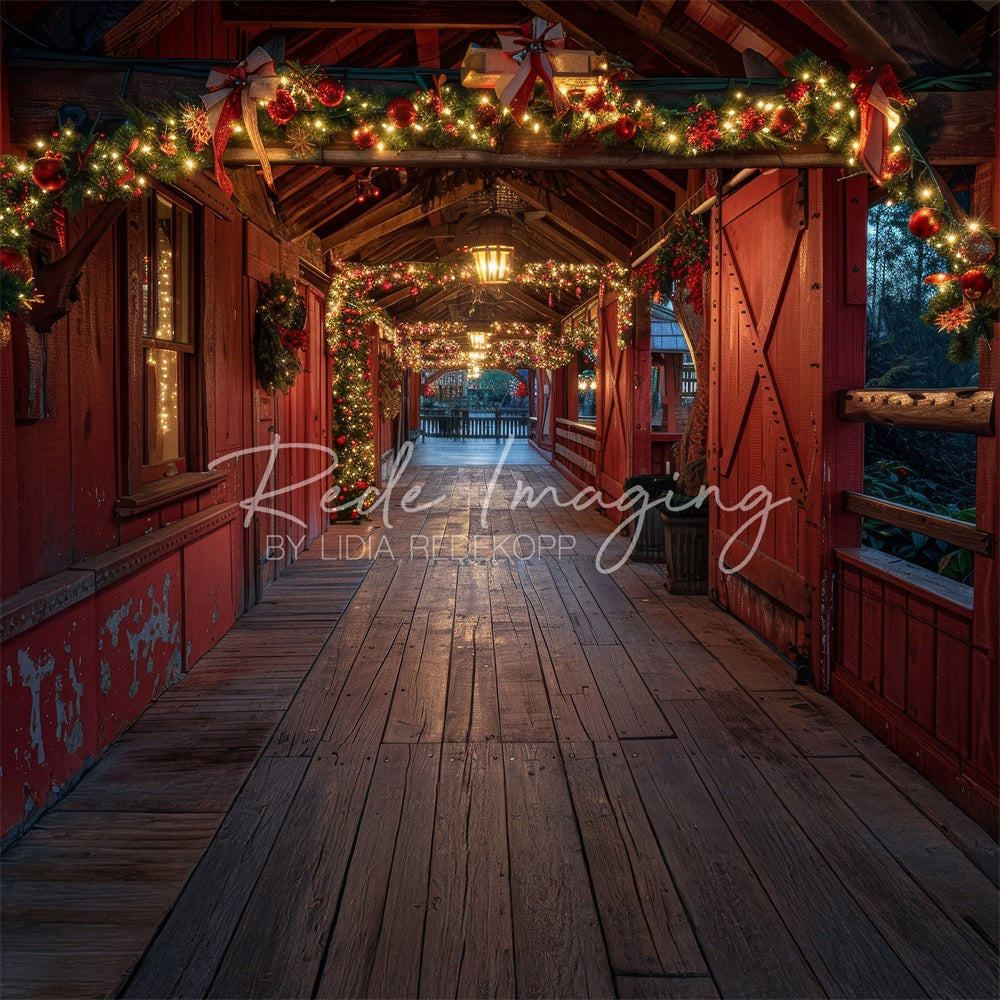 Kate Christmas Night Brown Wooden Cottage Hallway Bridge Backdrop Designed by Lidia Redekopp