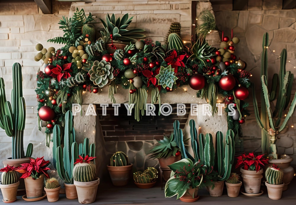 Fondo de chimenea de ladrillo verde de cactus salvaje del oeste de Navidad diseñado por Patty Robert