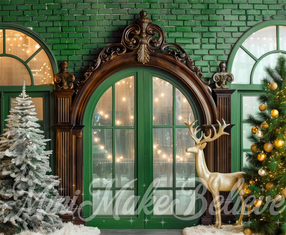 Kerst Golden Deer Retro Boog Raam Groene Bakstenen Wand Foto Achtergrond Designed by Mini MakeBelieve