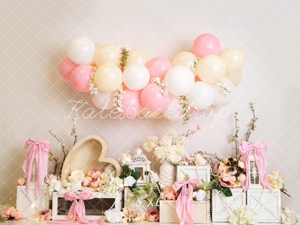 Kate Floral Balloon Heart Pink Bows Backdrop Designed by Megan Leigh Photography