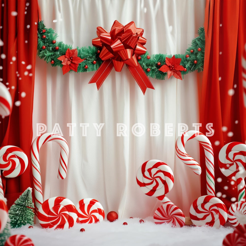 Kate Christmas Candy Canes On Red Curtains Backdrop Designed by Patty Robert