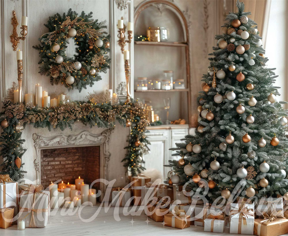 Kerst Binnen Wit Retro Bloemen Openhaard Achtergrond Ontworpen door Mini MakeBelieve