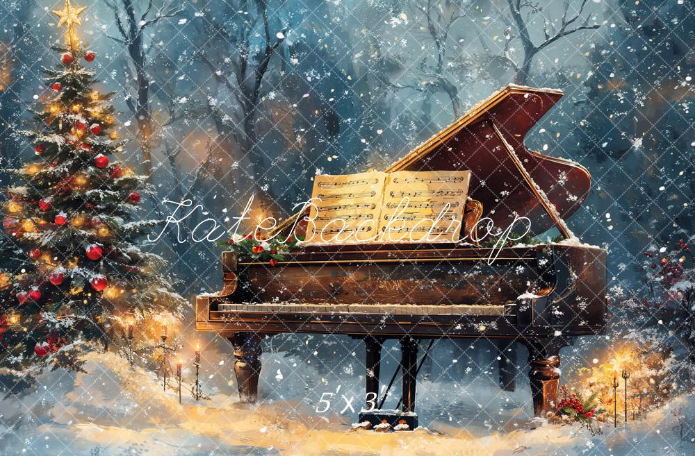 Kate Christmas Tree Piano Snowy Backdrop Designed by Emetselch