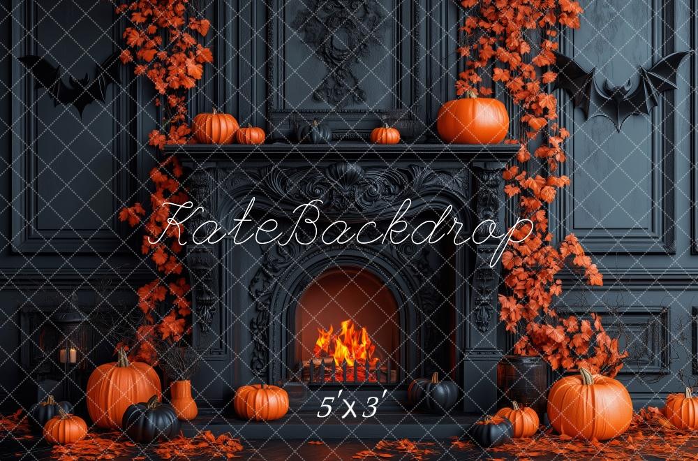 Kate Halloween Fall Black Fireplace Pumpkins Backdrop Designed by Patty Roberts