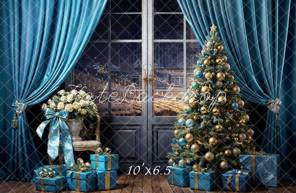 Kate Christmas Tree Sky Blue Curtains Gift Box Backdrop Designed by Emetselch