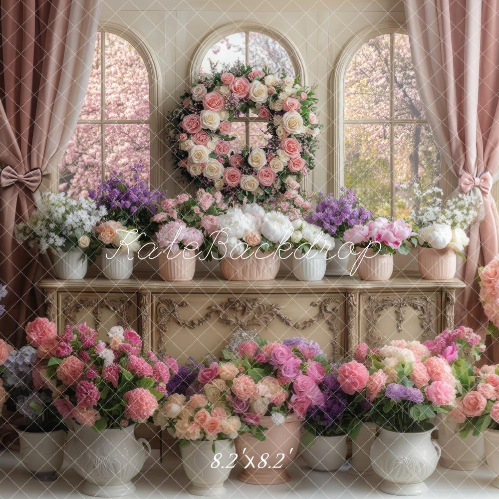 Kate Spring Floral Arched Window Pink Backdrop Designed by Mini MakeBelieve