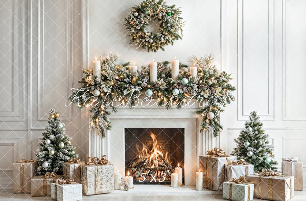 Kate Christmas White Fireplace Gifts Wreath Backdrop Designed by Emetselch