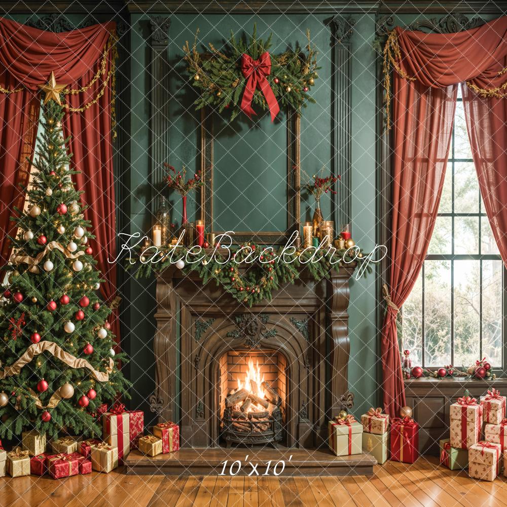 Kate Christmas Tree Fireplace Retro Wall Backdrop Designed by Emetselch