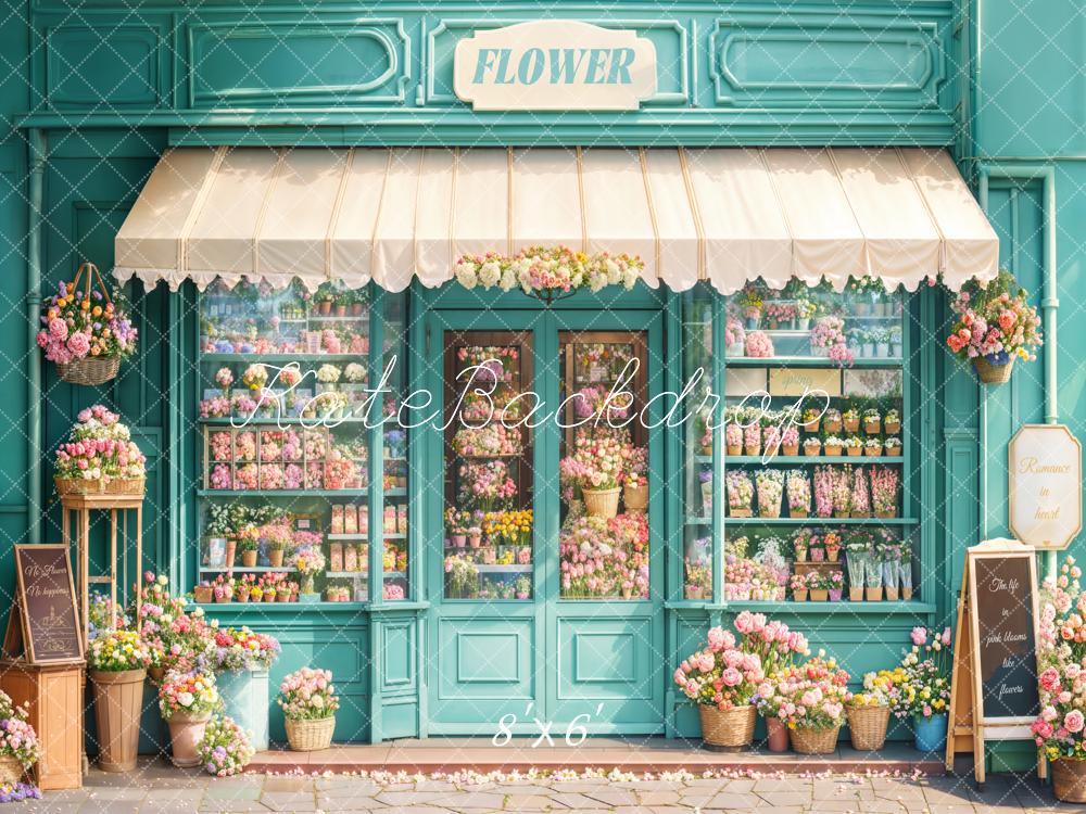 Kate Spring Blue Flower Shop Front Backdrop Designed by Emetselch