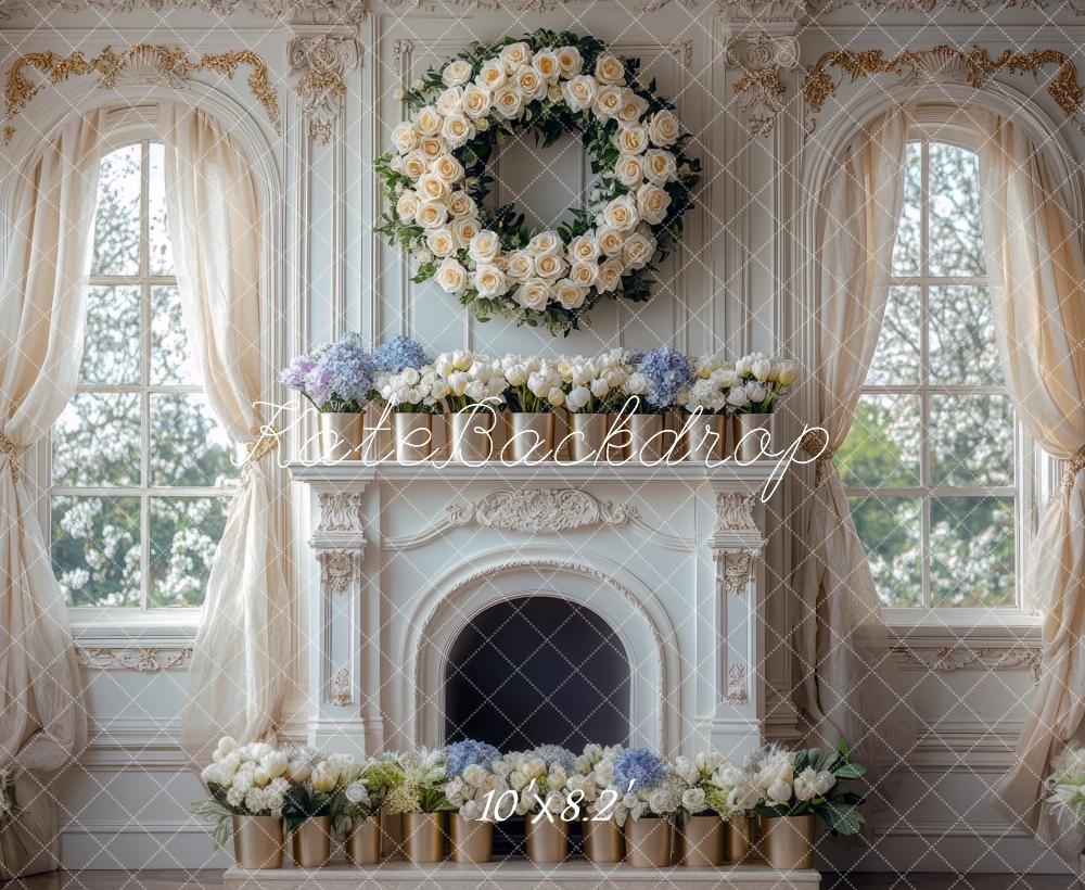 Kate Spring Floral Wreath Fireplace Window Backdrop Designed by Mini MakeBelieve