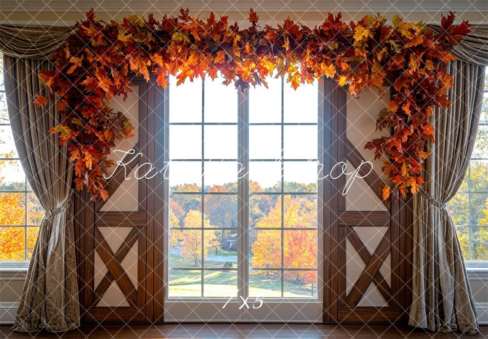 Fall Window Leaf Garland White Barn Door Foto Achtergrond Designed by Mini MakeBelieve