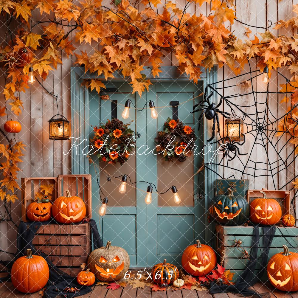 Kate Halloween Pumpkin Maple Blue Wood Door Backdrop Designed by Emetselch