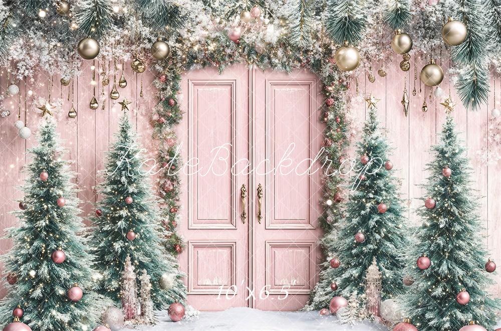 Kate Christmas Tree Pink Door Snowy Backdrop Designed by Lidia Redekopp