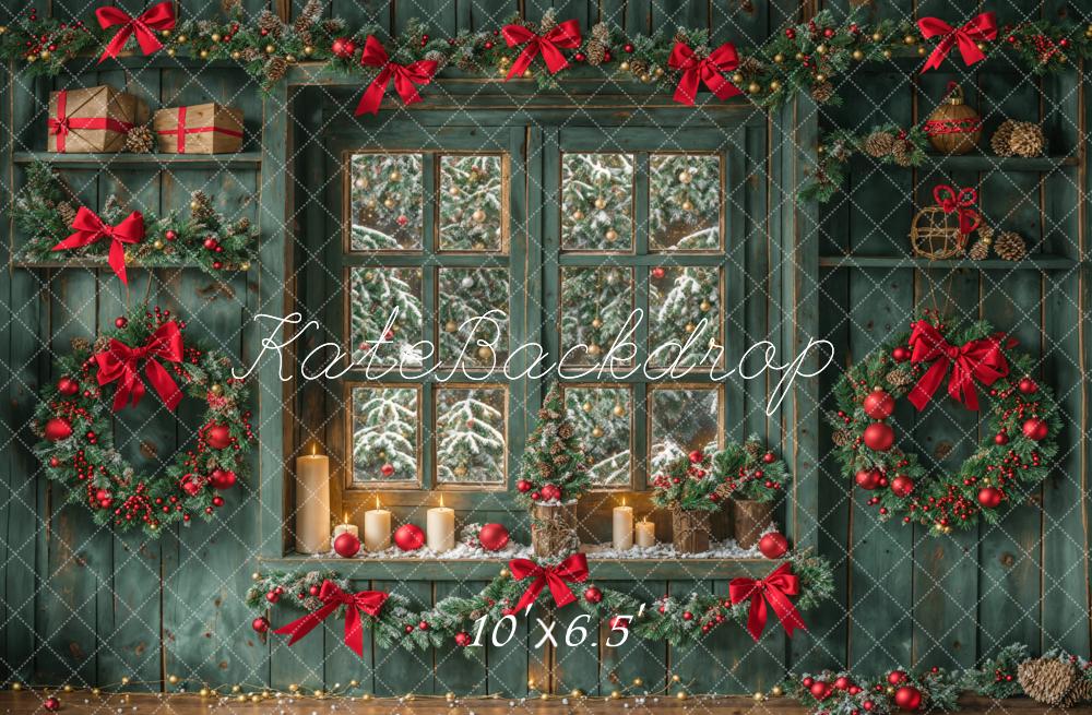 Kate Christmas Green Retro Wood Wall Window Backdrop Designed by Emetselch