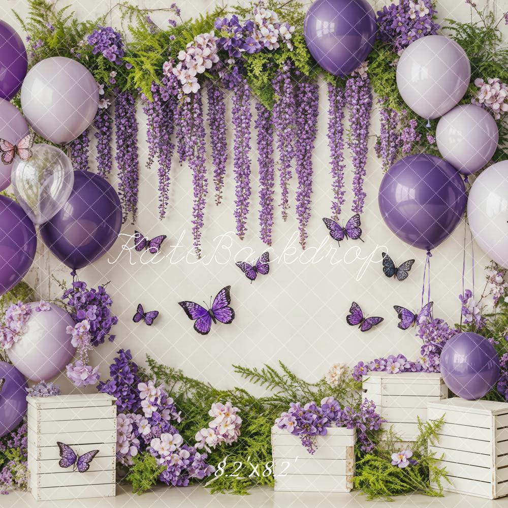 Kate Cake Smash Purple Balloon Floral Butterflies Backdrop Designed by Emetselch