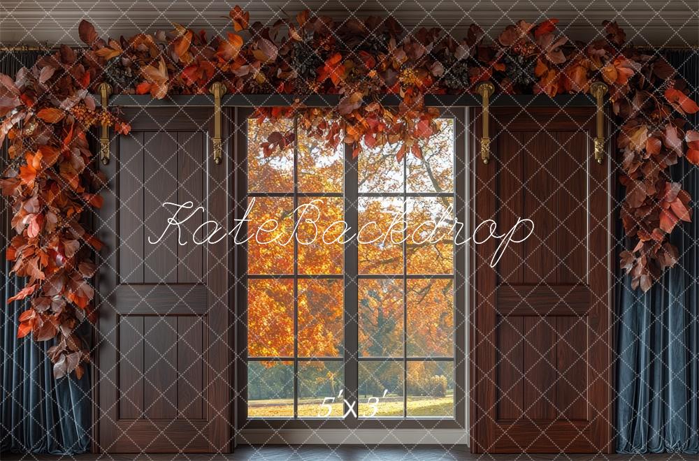 Kate Fall Window Leaves Garland Brown Barn Doors Backdrop Designed by Mini MakeBelieve