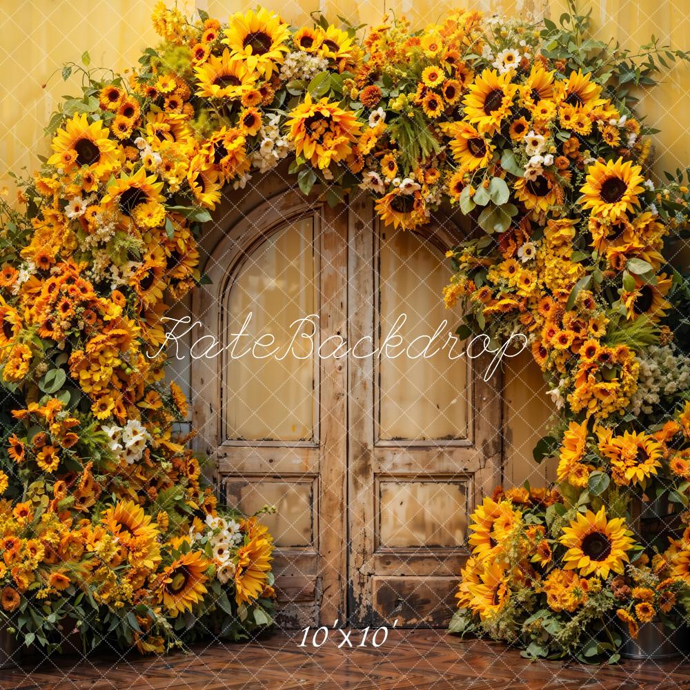 Kate Fall Sunflower Arch Brown Wooden Door Backdrop Designed by Emetselch