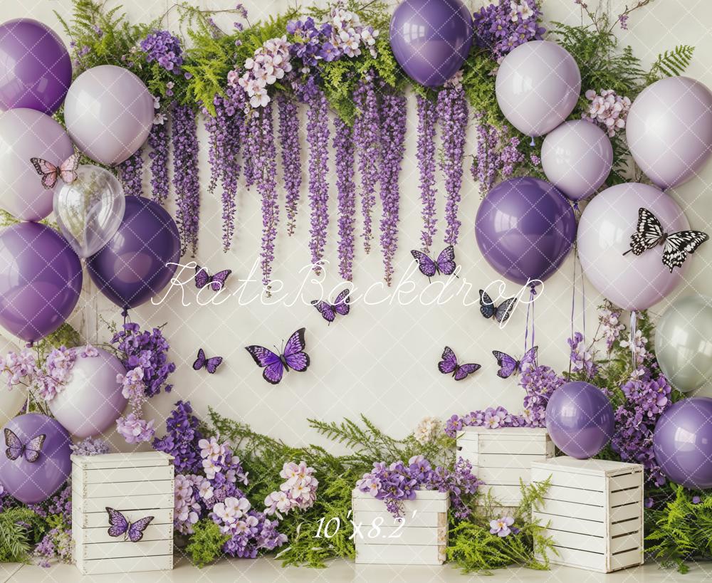 Kate Cake Smash Purple Balloon Floral Butterflies Backdrop Designed by Emetselch