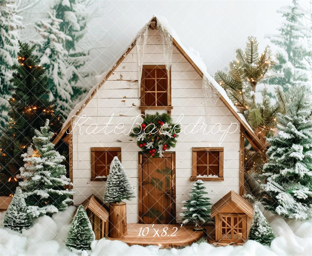 Kate Christmas Snowy White Wooden Cabin Backdrop Designed by Patty Robert