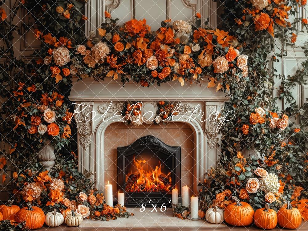 Kate Fall Fireplace Pumpkin Floral Backdrop Designed by Patty Roberts