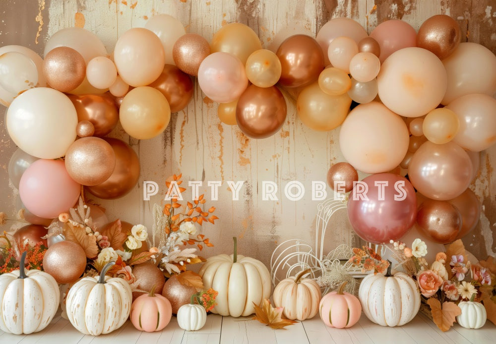 Kate Cake Smash Boho Fall Balloon Arch Pumpkins Backdrop Designed by Patty Robert