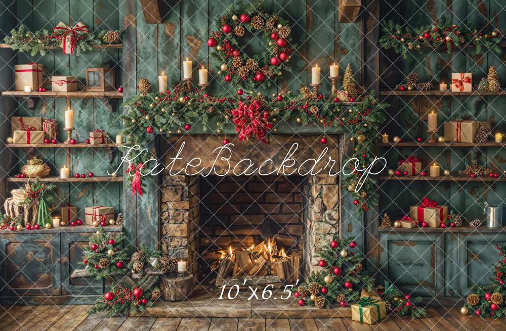 Kate Christmas Green Retro Cabinets Fireplace Backdrop Designed by Emetselch