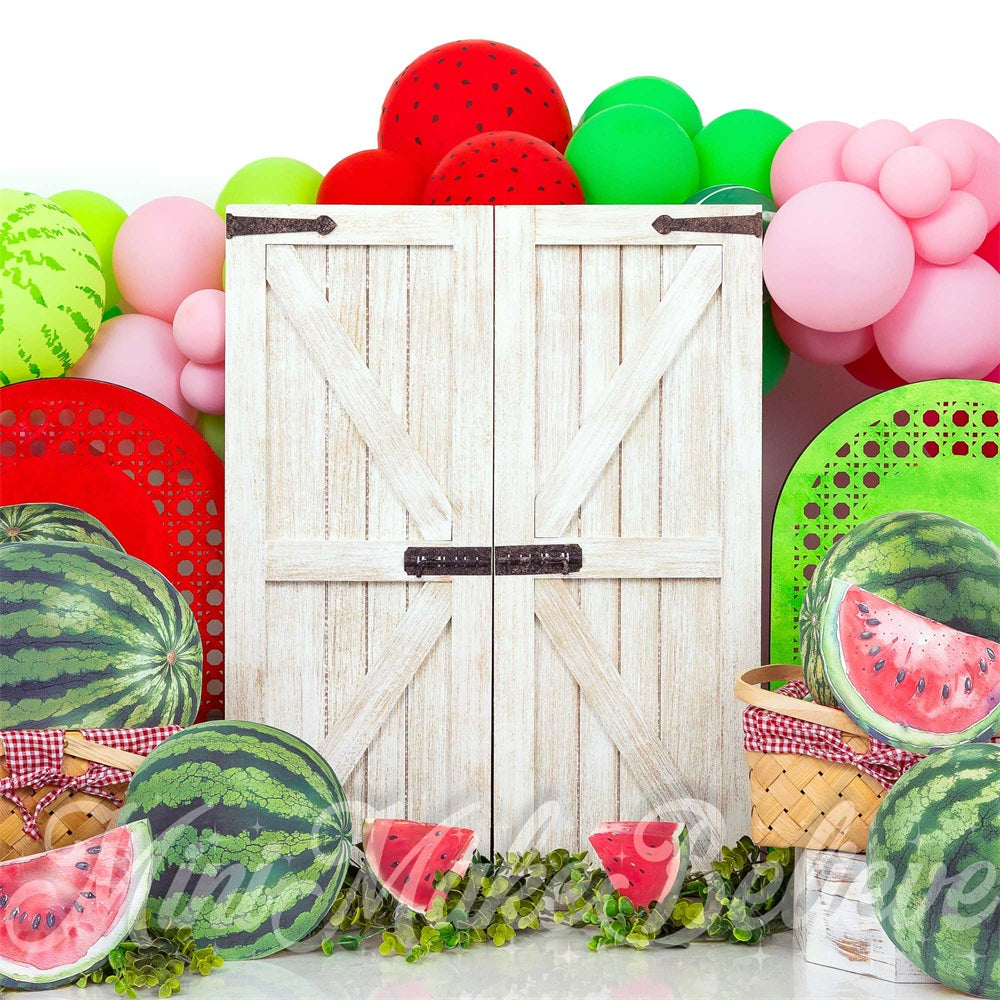 Kate Birthday Watermelon Colorful Balloon White Barn Door Backdrop Designed by Mini MakeBelieve