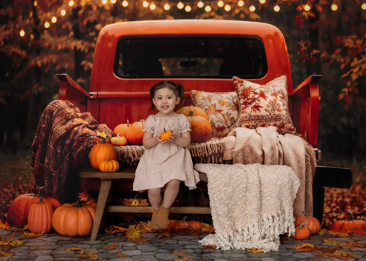 Kate Autumn Forest Maple Leaf Pumpkin Dark Orange Truck Backdrop Designed by Emetselch