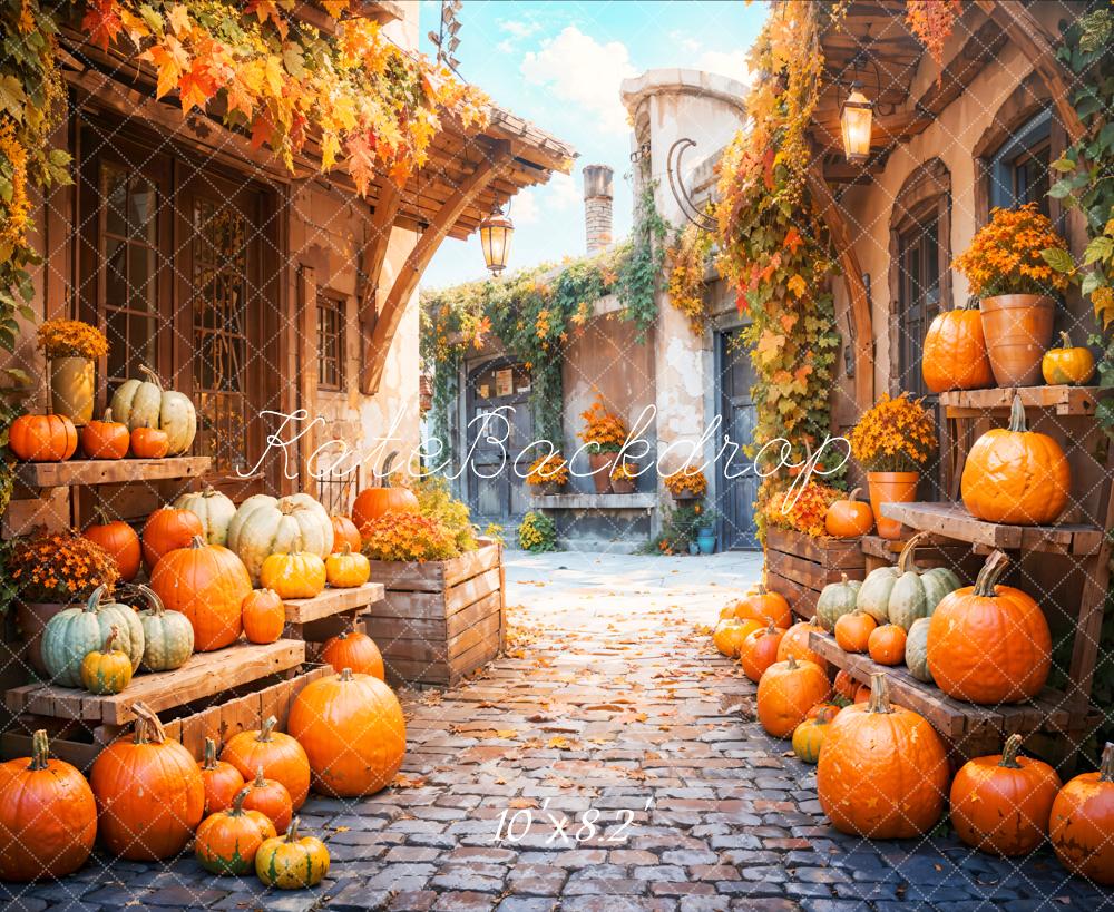 Fondo de calle del pueblo de calabazas soñador de otoño diseñado por Emetselch