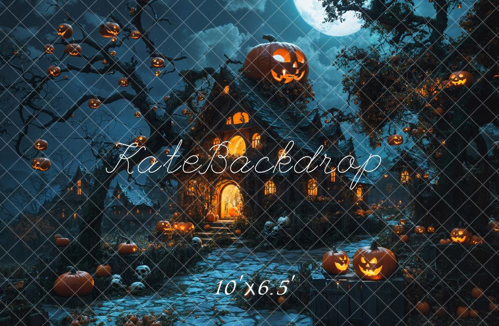 Kate Halloween Night Pumpkin Lanterns Wooden Cabin Backdrop Designed by Emetselch