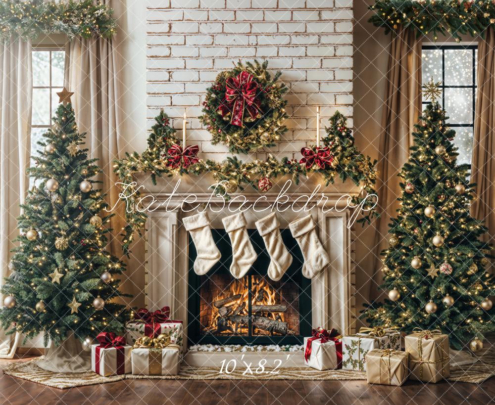 Kate Winter Christmas Tree White Retro Fireplace Backdrop Designed by Emetselch