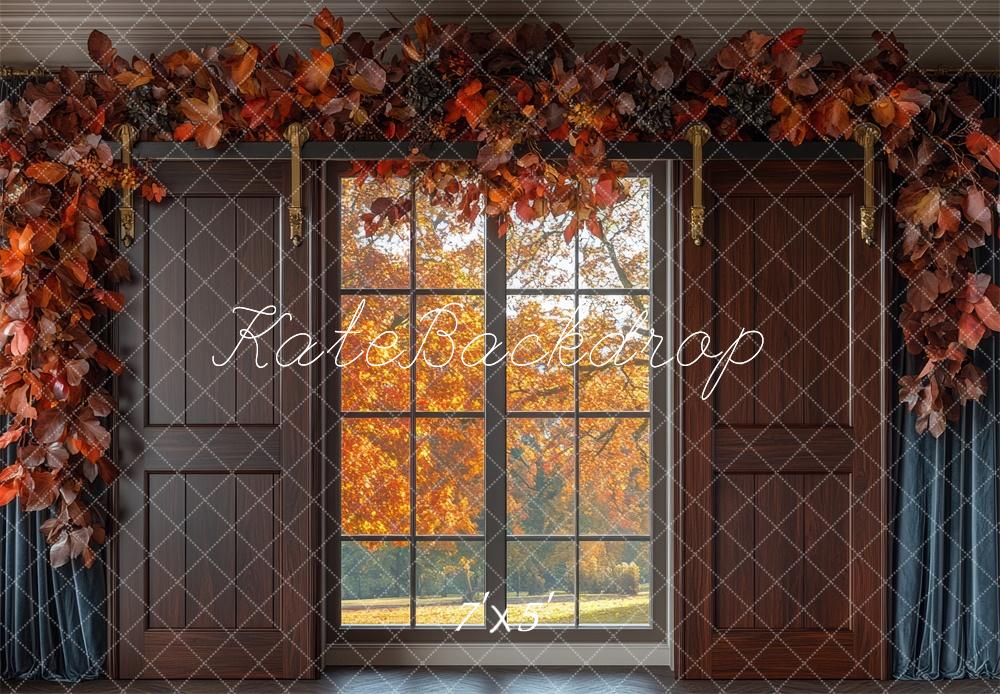 Kate Fall Window Leaves Garland Brown Barn Doors Backdrop Designed by Mini MakeBelieve