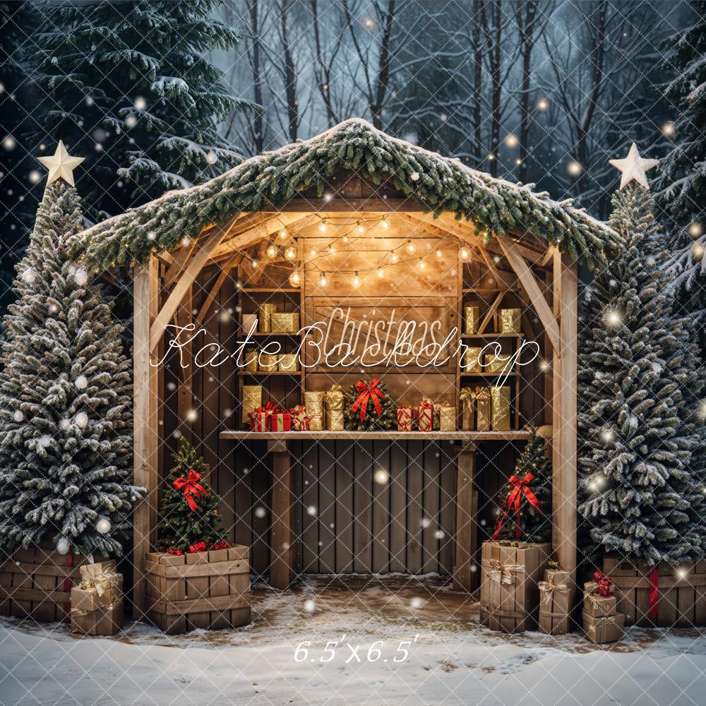 Fondo de Cabaña Marrón en Bosque Navideño al Aire Libre 