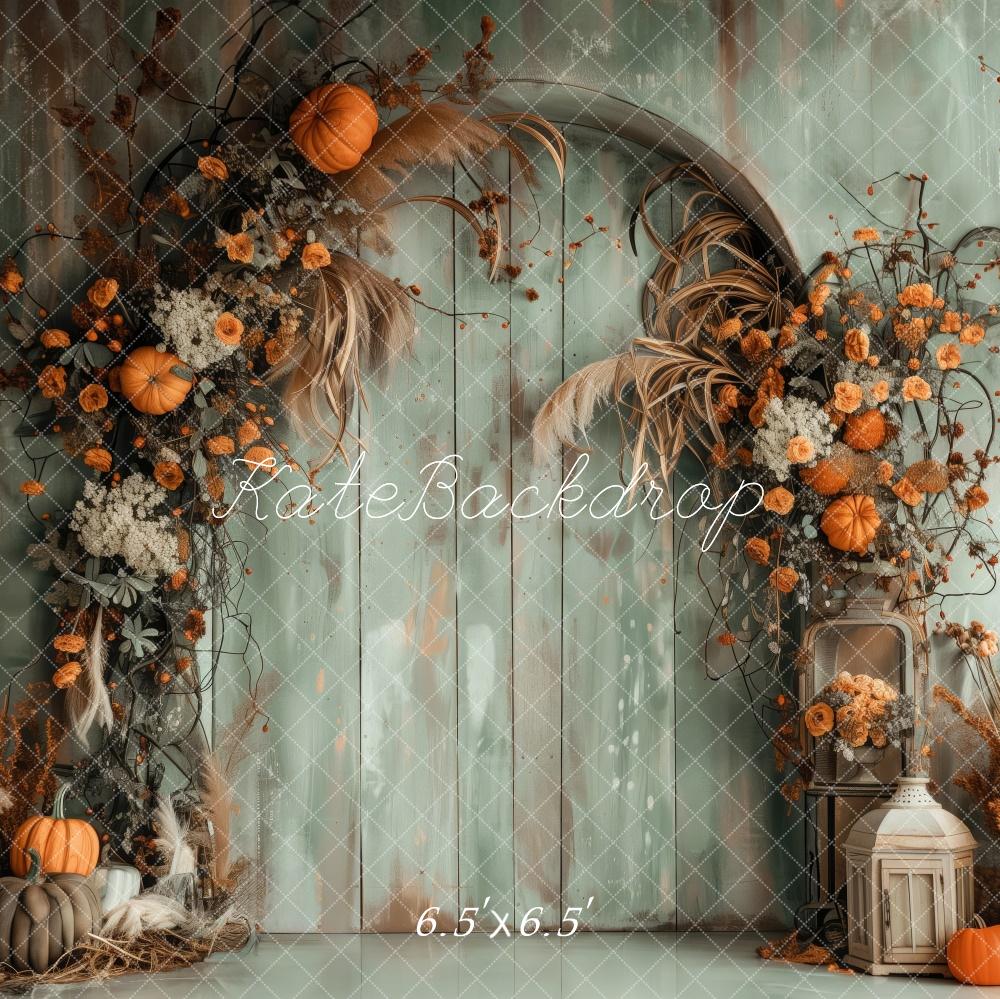 Fall Boho Green Wall Arch Met Pompoenen Foto Achtergrond Designed by Patty Robert