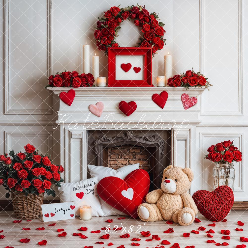 Kate Valentine Fireplace Teddy Bear Roses Backdrop Designed by Emetselch