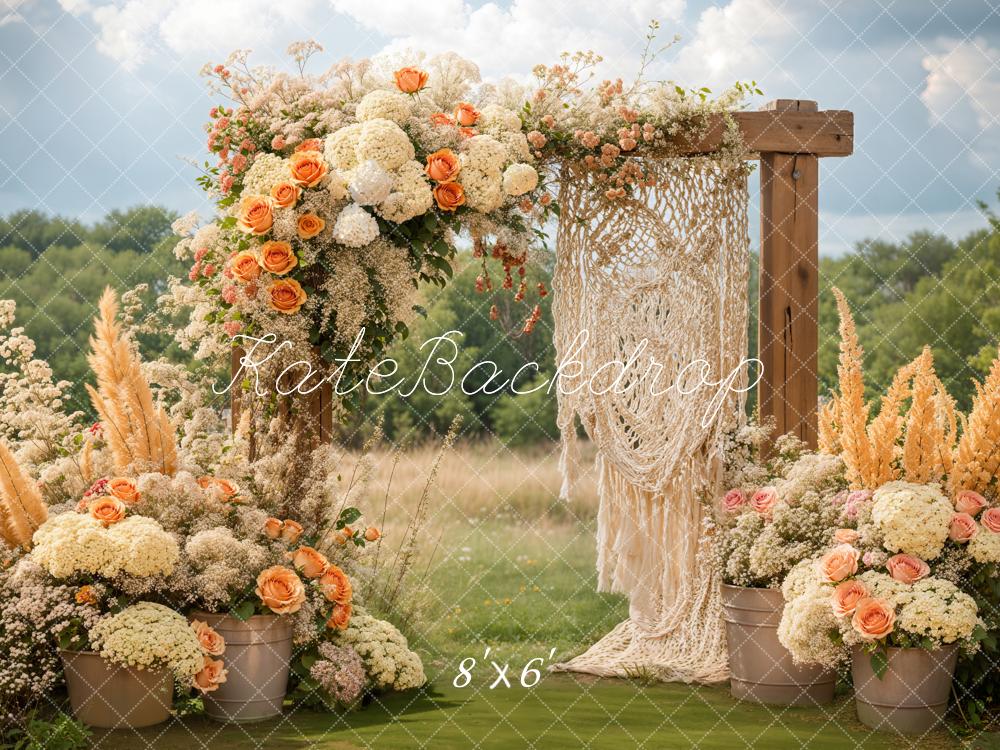 Kate Boho Floral Macrame Wedding Outdoor Backdrop Designed by Emetselch