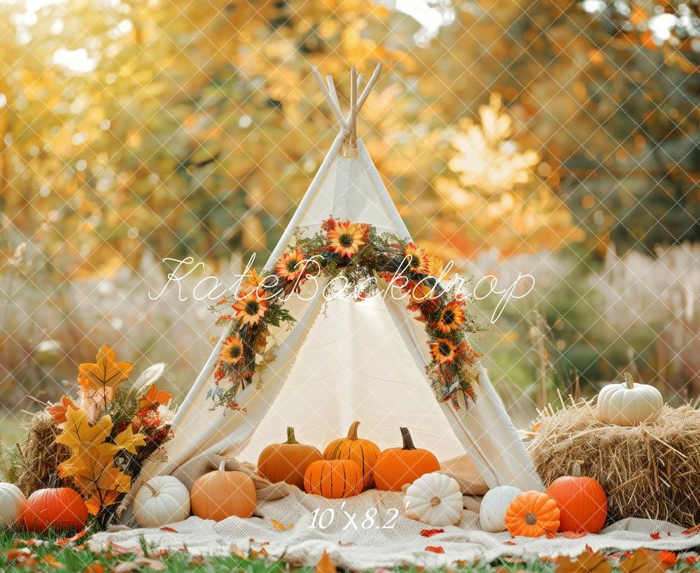 Fall White Teepee Decorated With Pumpkins Foto Achtergrond Designed by Patty Robert